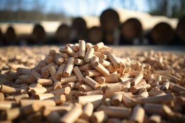 Obraz premium Small pile of compressed wood pellets forming a small mountain with large logs defocused in the background