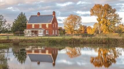 Fototapeta premium Brick farmhouse reflected in calm autumn pond.