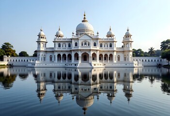 Indian palace in white marble with reflections in the lake - 02