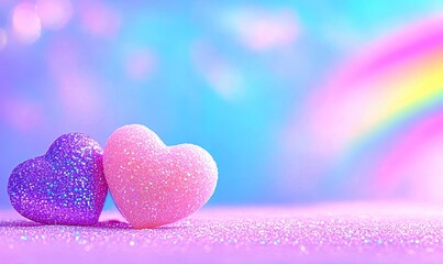 Fototapeta premium Heart-shaped candies with glittery purple substance with a rainbow