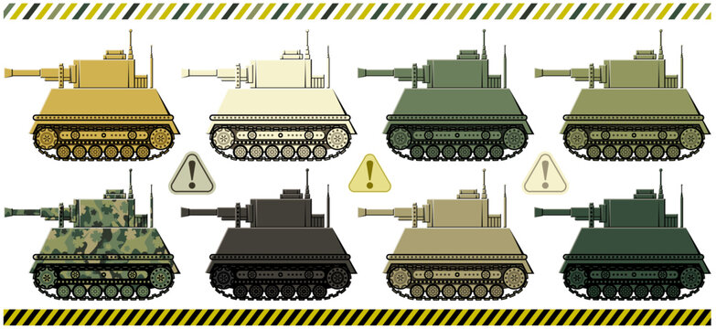 戦車のイラスト注意喚起マーク警告デザイン「かわいいデフォルメ戦車」 セット（Tank illustration warning mark warning design "Cute deformed tank" set.）