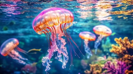 colorful jellyfish, bright coral background