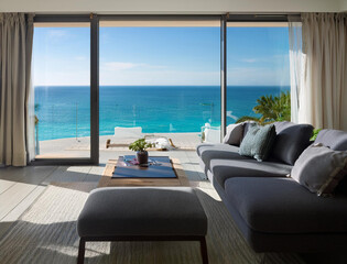 Fototapeta premium Generated image オーシャンビュー リビングの窓からの景色
