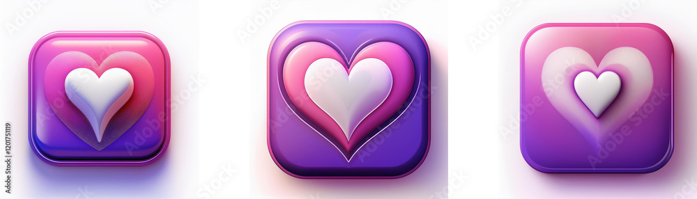 Aufkleber three square buttons feature a gradient of pink and purple, each showcasing a stylized white heart. 