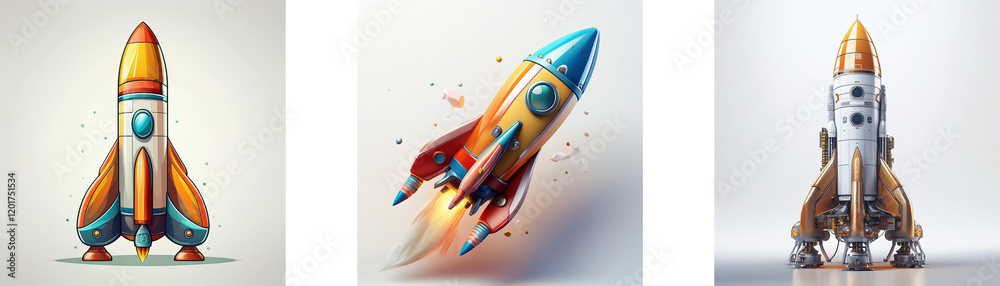Poster Three stylized rockets, each with unique color schemes and designs, ready for launch.  One rocket shows motion blur.