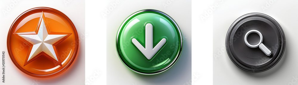 Poster Three glossy circular buttons display distinct symbols: a star, a downward arrow, and a magnifying glass.  Each button features a contrasting color scheme and a raised, three-dimensional effect.