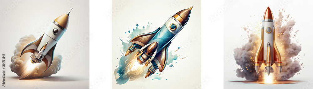 Poster three rockets launch, showcasing different stages of flight. one blasts off, another ascends, and th