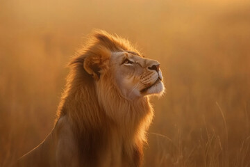 Obraz premium Majestic Lion Resting in Golden Grasslands at Sunrise Showcasing Its Natural Beauty