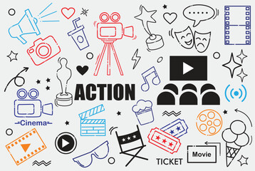 Cinema web icons in line style. Film, popcorn, video, movie theater, collection.