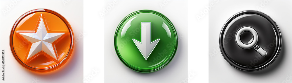 Fototapete Three glossy circular buttons feature a star, a downward arrow, and a magnifying glass.  They represent rating, downloading, and searching respectively.