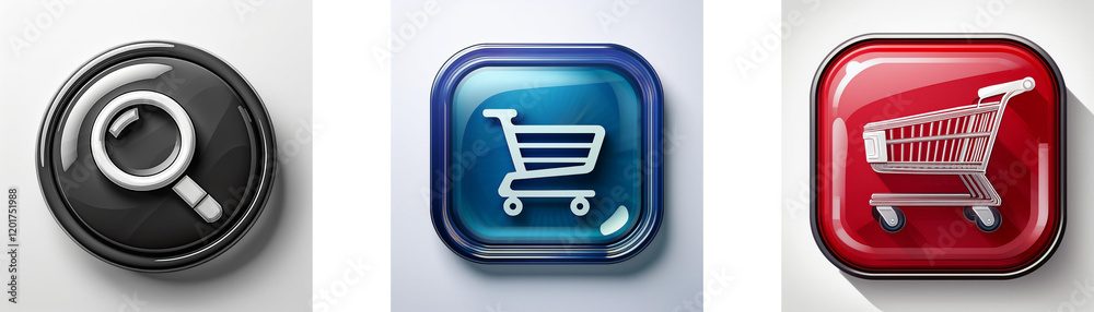 Aufkleber three glossy buttons display search and shopping cart icons. simple, modern design.