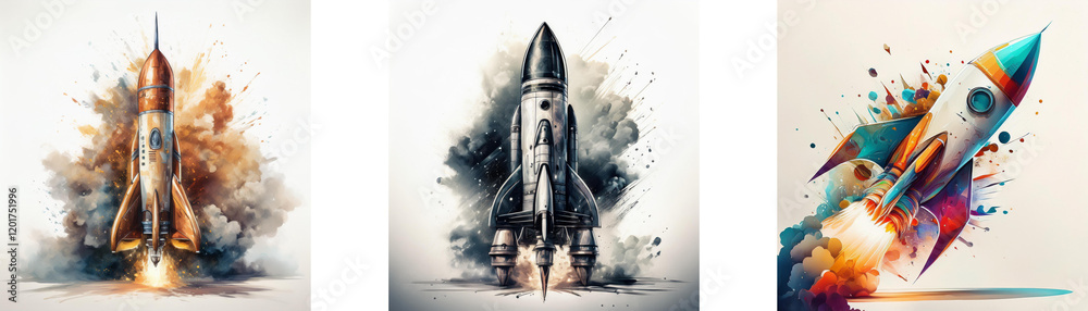 Poster Three rockets launching, each depicted in a unique artistic style with vibrant color splashes and smoke trails, symbolizing innovation and progress.