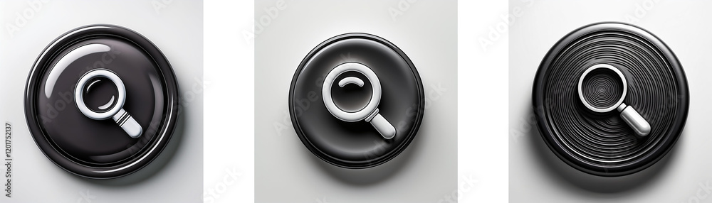 Poster three dark plates, each displaying a white magnifying glass symbol from a slightly different angle. 