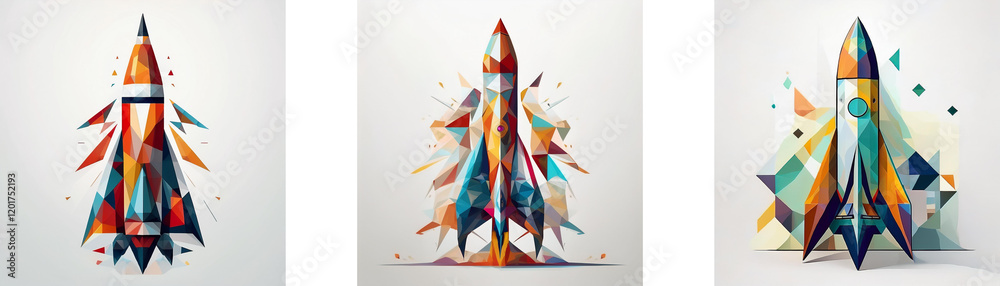 Poster Three abstract rocket ship designs in vibrant colors and geometric shapes.  Each rocket is uniquely styled, showcasing different facets of a launch.