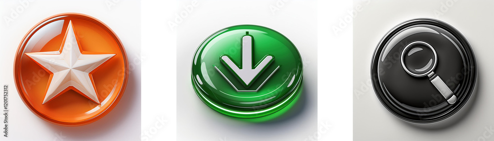Poster three glossy circular buttons showcase distinct symbols: a star, a downward arrow, and a magnifying 