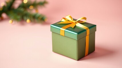 Fototapeta premium A green gift box with a golden bow, a symbol of celebration and joy, sits on a soft pink background.