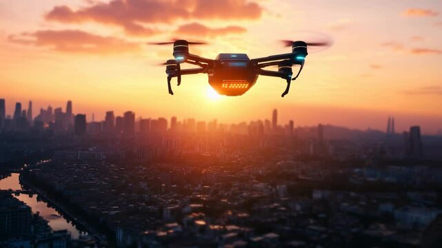 Aerial drones gliding over a calm urban landscape in a futuristic city environment