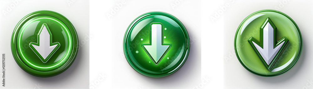 Fototapete Three glossy green circular buttons feature a downward-pointing arrow, each with slightly different design variations.