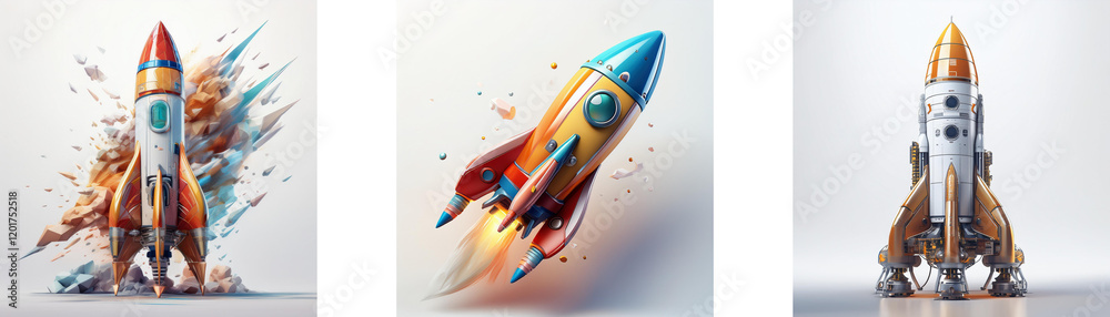 Leinwandbilder Three vibrant rockets, each uniquely designed and rendered in dynamic poses against a light background.  One explodes in a burst of color, another soars, and a third stands ready for launch.