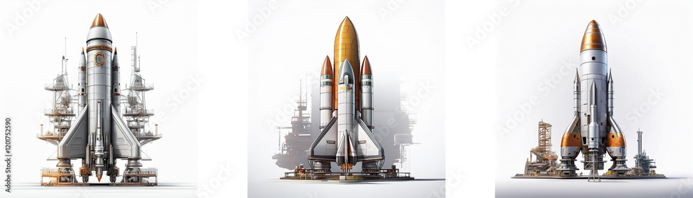 Leinwandbilder three rockets poised for launch, showcasing varying designs and stages of readiness against a stark 