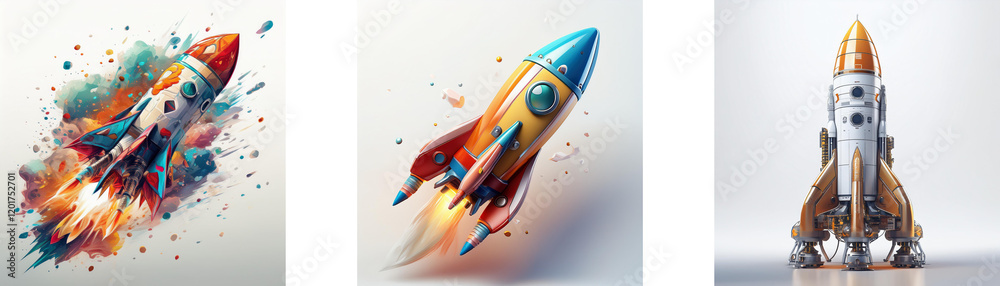 Poster Three vibrant rocket illustrations; one explodes in colorful paint, another soars with a fiery trail, and a third stands ready for launch.  A creative exploration of space travel and artistic expressi