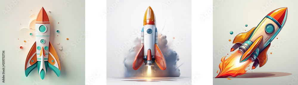 Poster Three colorful rockets, ready for launch, showcase vibrant designs and dynamic movement against a simple backdrop.