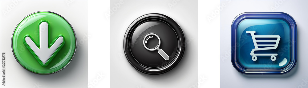Poster three glossy buttons display download, search, and shopping cart icons. simple, intuitive interface 