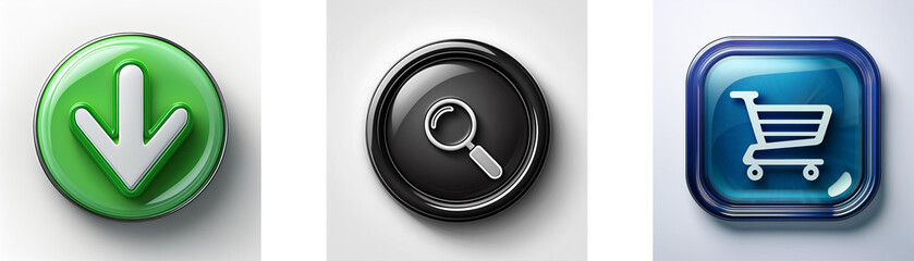 Three glossy buttons display download, search, and shopping cart icons.  Simple, intuitive interface elements.