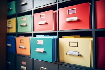Modern filing cabinet with colorful drawers is storing and organizing important files and documents