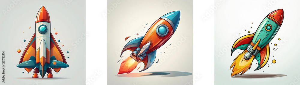 Poster three cartoon rockets, varying in color and design, are shown, ready for launch or in flight. one is