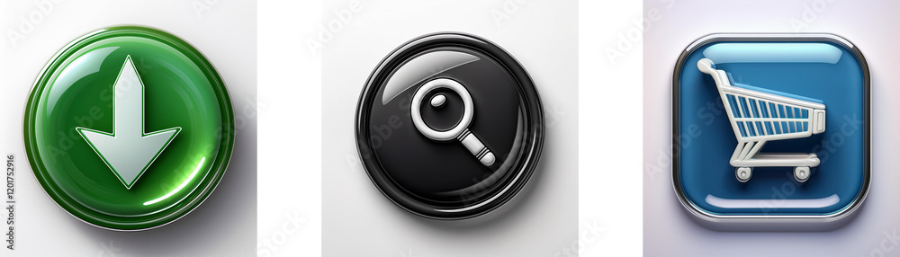 Aufkleber three glossy buttons display download, search, and shopping cart icons. simple, modern interface des