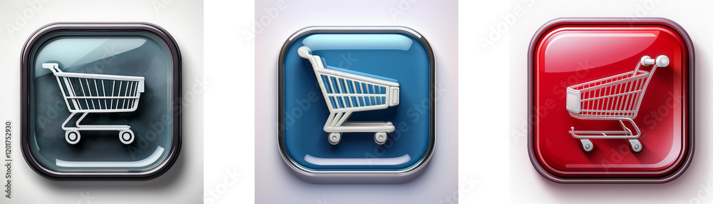 Aufkleber Three glossy square buttons feature shopping cart icons in gray, blue, and red.  Each button offers a different color scheme for online shopping.