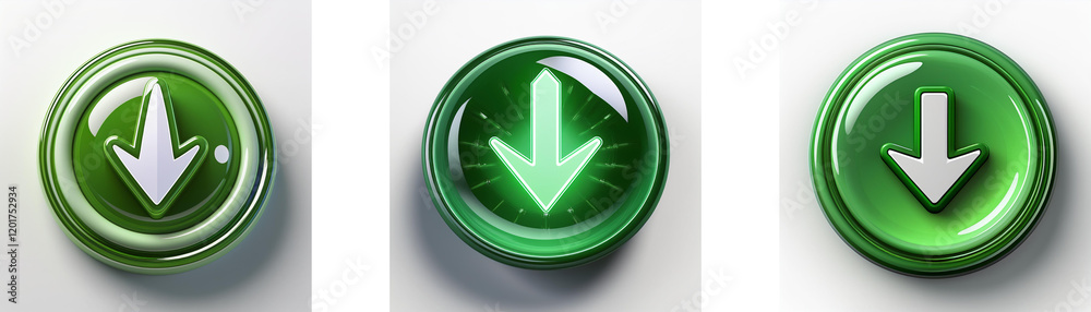 Aufkleber Three glossy green circular buttons feature a downward-pointing arrow; variations in arrow design and button shine.