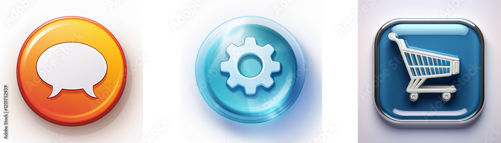 Aufkleber three glossy buttons depict communication, settings, and shopping. each button features a distinct s