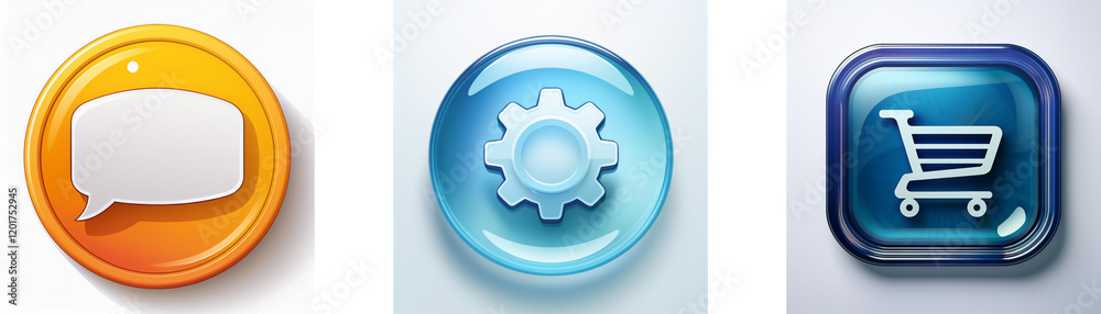 Poster Three glossy buttons depict communication, settings, and shopping.  Each button features a distinct icon for intuitive user interface design.