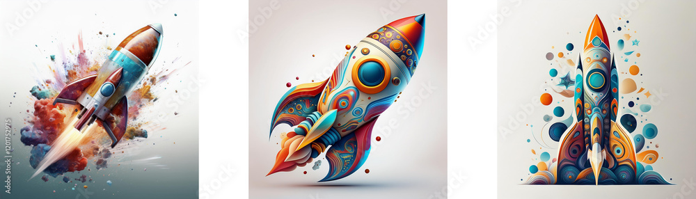 Poster three vibrant rockets, bursting with colorful energy and dynamic movement, symbolize innovation and 