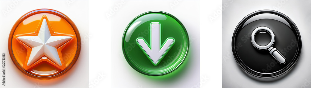 Poster Three glossy circular buttons display a star, downward arrow, and magnifying glass.  These are simple, intuitive icons for common digital actions.