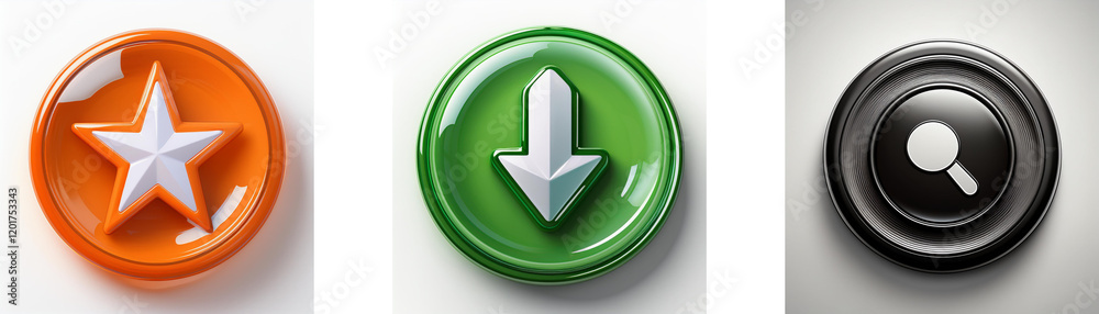 Fototapete three glossy circular buttons feature a star, downward arrow, and magnifying glass. these icons repr