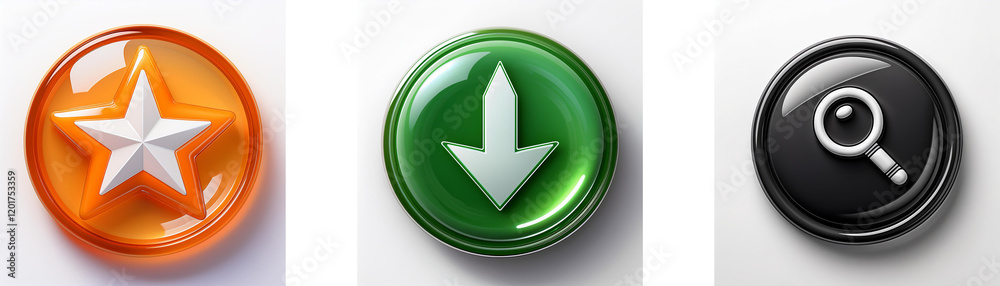 Poster Three glossy circular buttons display a star, downward arrow, and magnifying glass.  Symbolic of ranking, downloading, and searching.