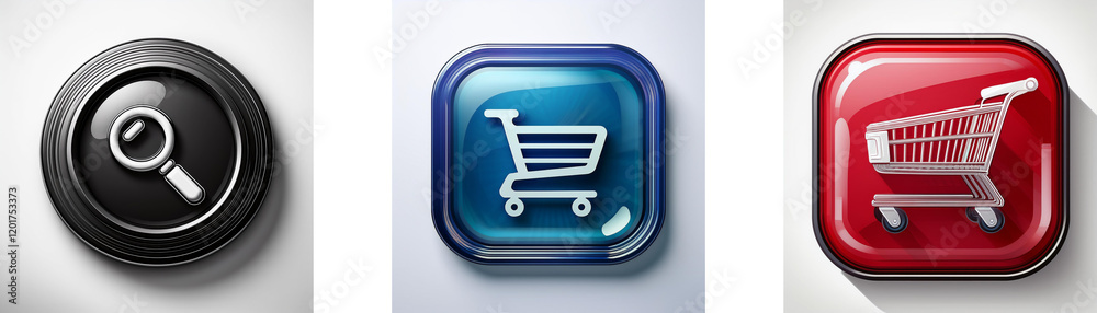 Poster Three glossy buttons feature search and shopping cart icons.  Modern, digital interface design elements.