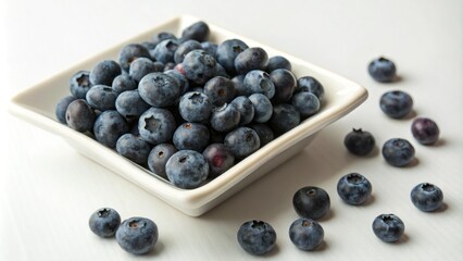 A small square plate filled with an abundance of juicy bilberries, bilberry filling, small plate with food, purple berries, full serving,