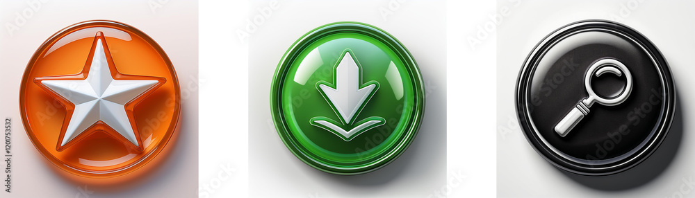 Poster three glossy circular buttons feature a star, a download arrow, and a magnifying glass. each button 