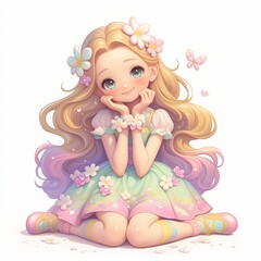 Fototapeta premium A pastel illustration of cute girl in a children's book style, created as a generative artwork using AI.