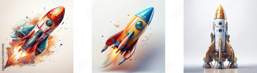 Poster Three rockets in different styles and stages of flight.  One is mid-launch, another is just beginning, and the third is poised for liftoff.