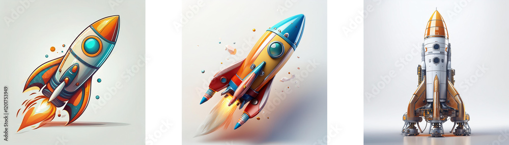 Poster three colorful rockets, each with unique designs and styles, are shown against a simple background. 