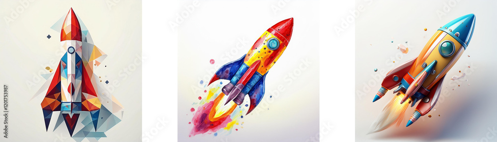 Poster three colorful rockets soaring, showcasing dynamic movement and vibrant designs. a symbol of progres