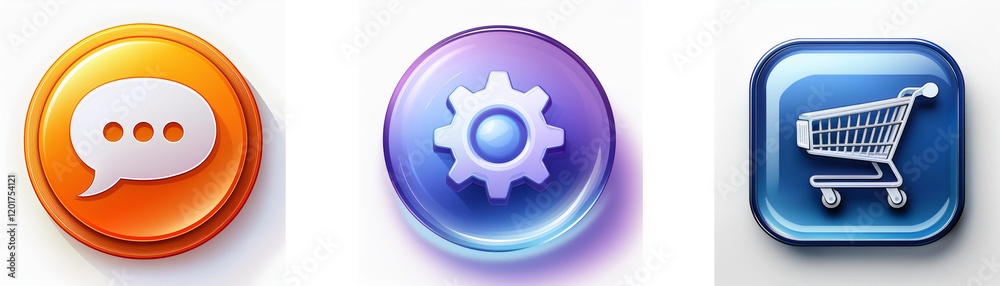 Aufkleber three glossy buttons feature communication, settings, and shopping cart icons. simple, colorful inte