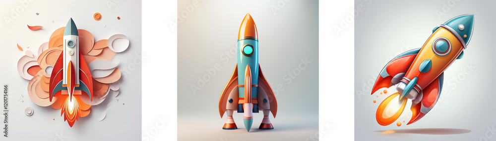 Poster three colorful rockets, each with unique design and style, symbolize innovation, launch, and speed.