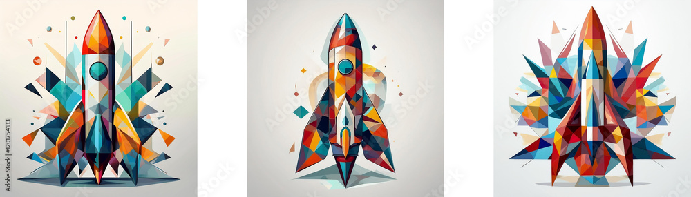 Poster three abstract rockets, rendered in vibrant, geometric patterns, symbolize innovation and progress. 