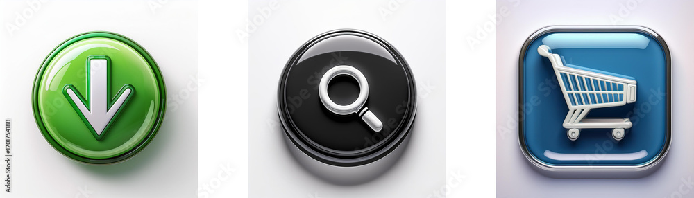 Poster Three glossy buttons feature download, search, and shopping cart icons.  Simple, intuitive interface elements.
